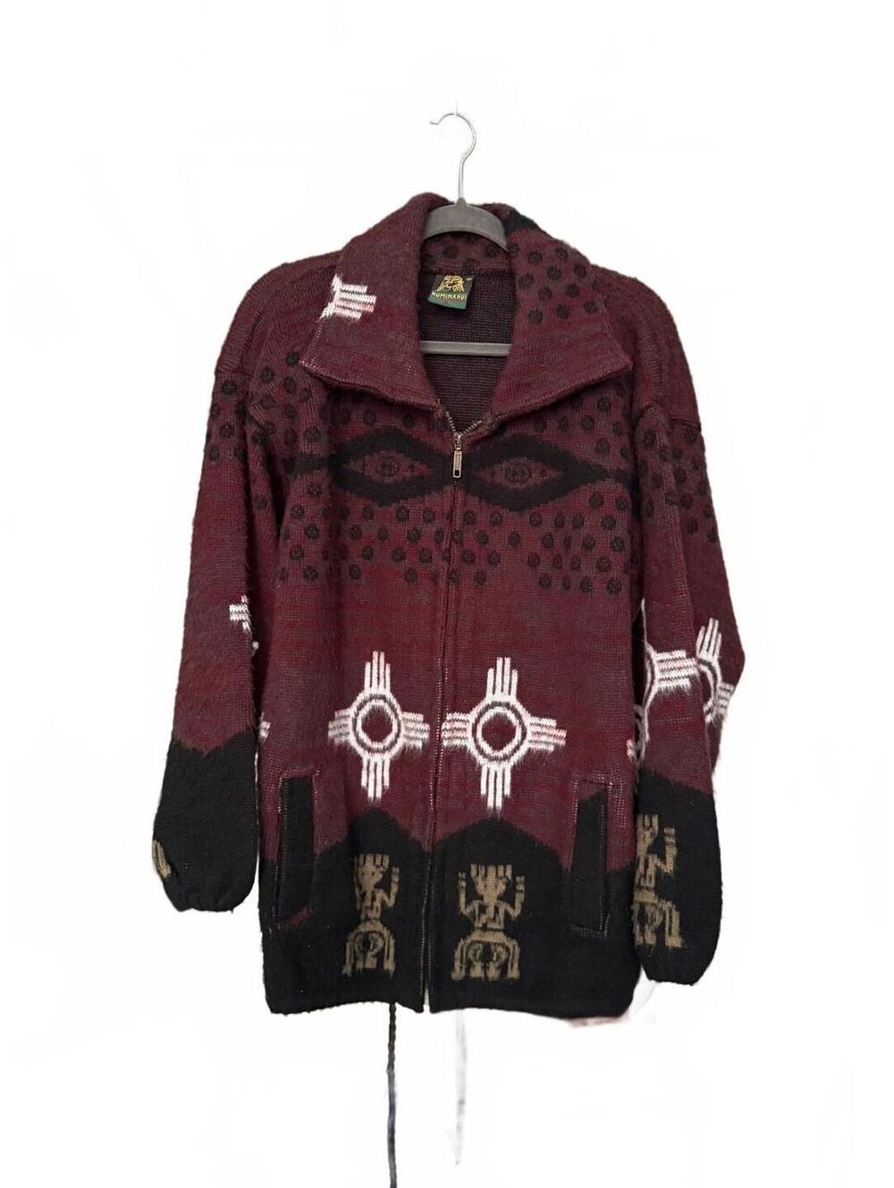 Vintage Alpaca Wool Tribal Pattern Full Zip Jacket Mens Size Large